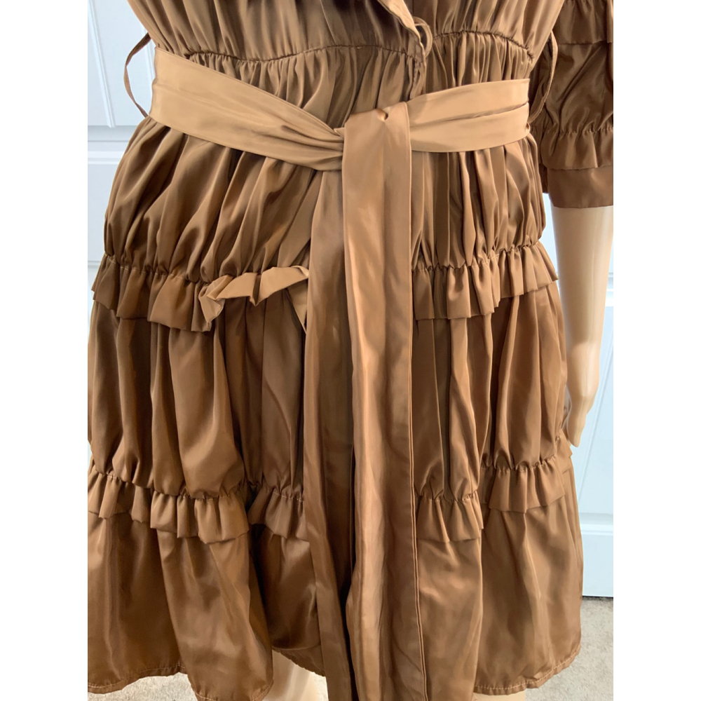 Ryu Women's Ruffled Mini Tiered Dress Size Small Brown 3/4 Sleeves Belted V-Neck - Picture 4 of 15